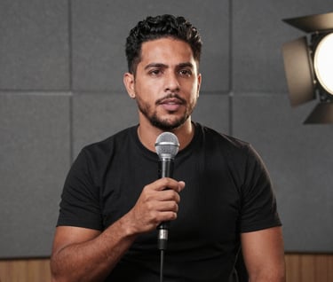 A medium shot of a man holding a microphone in a podcast studio setting, slate gray acoustic panels in the background, professional lighting, South American influencer context.