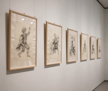 An artistic photograph of a series of drawings hanging in a clean, minimal gallery space. The drawings are on semi-transparent silk panels, casting soft shadows on a soft off-white wall. The overall mood is quiet and introspective.