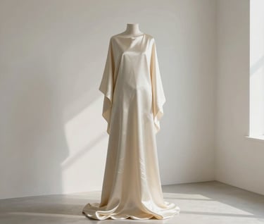 A minimalist photograph of a silk sculpture in a bright, soft off-white room. The shadows are long and soft, emphasizing the organic rhythm and patterns of the fabric.