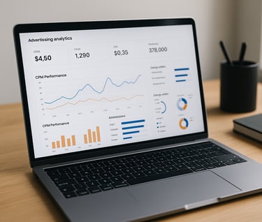 "Laptop screen showing CPM analytics dashboard for digital advertising"