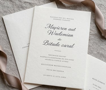 A professional flat-lay photograph of high-end wedding stationery. The invitations are made of thick off-white paper with dark charcoal typography, resting on a warm grey linen surface. Elements like a muted taupe silk ribbon are included. North American / European style.