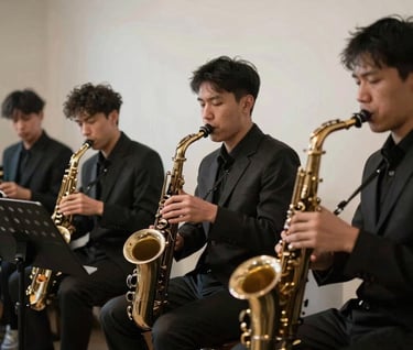 Atmospheric shot of a jazz band playing at a private event, deep charcoal shadows and bright off-white highlights, North American / European lounge setting.