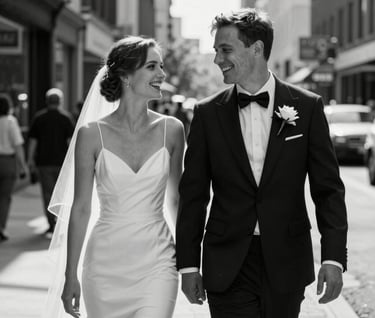 A candid black and white photograph of a bride and groom laughing together during a stroll through a North American / European city street. The shadows are deep charcoal black and the highlights are a crisp off-white.