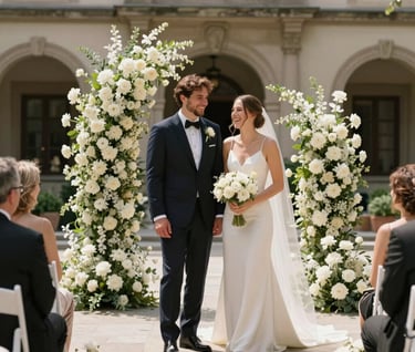 A candid moment of a couple laughing during their ceremony in a North American / European courtyard. Surrounded by minimalist off-white floral arrangements. Warm, natural lighting, elegant atmosphere.