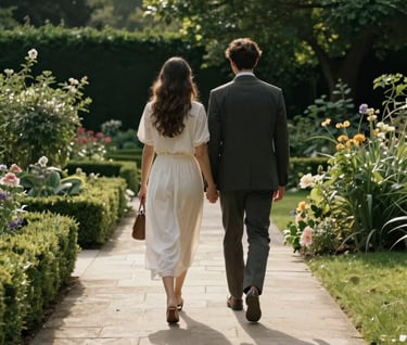 A cinematic shot from behind of a couple walking away into a lush green garden of a North American / European estate. The soft cream stone paths reflect the afternoon sun. Minimalist and timeless.