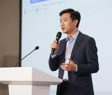 A dynamic shot of a speaker at a corporate event in a North American / European metropolitan center, clean porcelain white lighting, professional and trustworthy atmosphere.