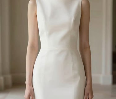 A professional bridal portrait in a North American / European setting. The subject wears a minimalist, clean off-white dress with clean lines. The background is a soft-focus interior of a luxurious villa with muted taupe walls.