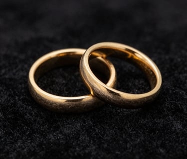 A macro photograph of two gold wedding bands resting on a charcoal black velvet surface. The lighting is focused and dramatic, highlighting the fine texture of the rings.