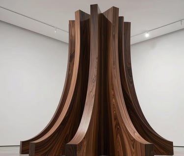 A low-angle architectural shot of a tall, floor-mounted wooden installation with flowing parametric curves, standing in a brightly lit modern gallery space. The wood is deep charcoal-toned walnut, contrasting with the minimalist white and light gray background.
