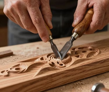A professional close-up shot of a craftsman's hands in a North American studio using a traditional hand-carving chisel on a sculptural piece of solid Cherry wood. The focus is on the precision and the interface between the metal tool and the warm timber.