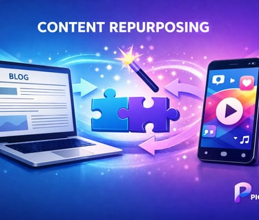 Laptop showing a blog post transforms into a smartphone video, symbolizing AI-powered content repurp