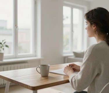 A lifestyle photography scene in a bright, modern apartment with large windows. A person is sitting at a minimalist wooden desk with a coffee mug. International / Professional. Colors: off-white, soft grey, and white.