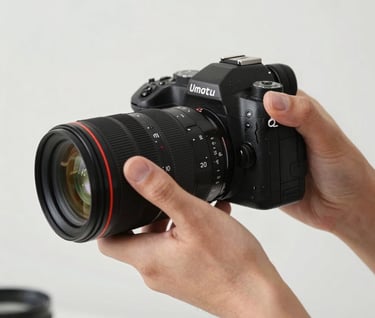 A detailed close-up of a professional photographer's hands working with a high-end camera. Bright, even lighting and a clean, minimalist studio background. International / Professional.