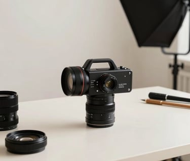 Lifestyle photography of a clean artist's studio with off-white surfaces and professional black gear, elegant natural lighting, International / Professional setting.