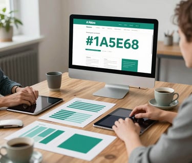 A planning session in a bright agency office, tablets and moodboards on a wooden table, Scandinavian cozy style, coffee cups, organized creativity, featuring #1A5E63 accents.