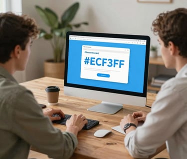 Two creative professionals at Dbocaenbocast collaborating over a large wooden table, planning a digital media campaign, cozy lifestyle atmosphere, natural textures, #ECF3F4 highlights.