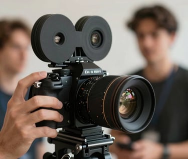 Close-up of a high-end film camera lens on a professional set, blurred talent in the background, warm human touch combined with technical precision, soft artistic lighting.
