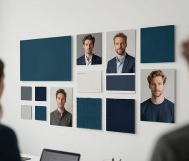 Behind the scenes at Dbocaenbocast agency: a mood board on a wall featuring actors' photos and fabric swatches, colors including #1A5E63 and #0B1E22, clean minimalist Scandinavian office design.