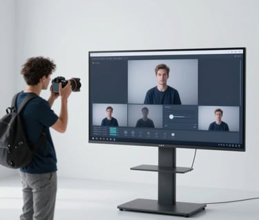 Behind the scenes at Dbocaenbocast: a photographer and a talent coordinator reviewing digital reels on a large screen in a stylish, minimalist studio. Clean aesthetic with #74A8AE.