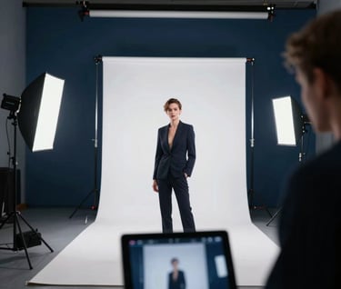 Action shot of a photo session in progress. A professional set with lighting equipment, a talent posing, and a tablet in the foreground showing the live feed. Elegant, high-contrast atmosphere with deep blues and crisp whites.