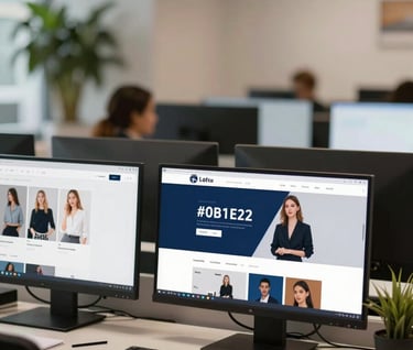 A wide shot of the agency's social media management area. Sleek monitors showing fashion content, plants in the corner, and a warm, professional vibe. Primary color #0B1E22.