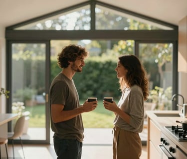 A candid shot of a couple standing in their new kitchen extension, sharing a quiet moment with coffee. The background shows the blurred garden through high-performance glass. Warm, sun-drenched lighting and cinematic depth of field.