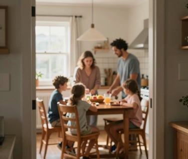 A candid, cinematic shot looking through an open doorway into a sunlit kitchen. A family is gathered around a wooden table, blurred slightly to emphasize the feeling of the space over the individuals.