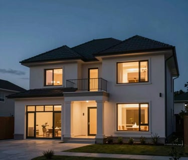 A twilight shot of the finished house extension. The interior lights glow warmly with a #B85C3D hue against the deep #2F4F4F blue of the evening sky. The architecture looks inviting and structurally precise.