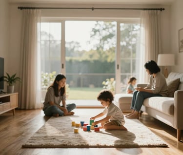 A family living room with floor-to-ceiling windows. Warm sun-drenched floorboards and a plush rug. A child is playing with blocks in the light. Authentic, cinematic, and deeply personal storytelling image.