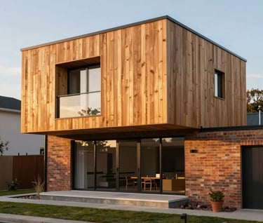 An exterior view of a modern timber-clad extension during the golden hour. The wood glows with a warm #8D6B5F hue. The design is sleek and professional, integrated perfectly with the old brickwork.