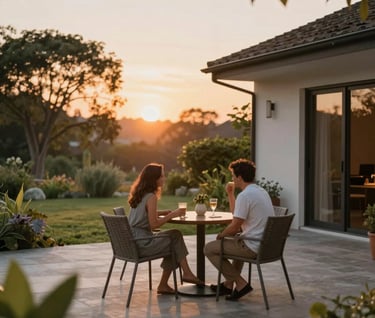 A couple sitting on a custom-designed patio at sunset, enjoying the connection between their home and garden.