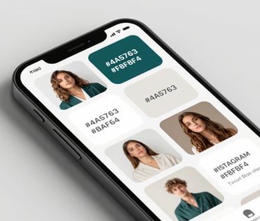 Close-up of a smartphone screen showing a curated Instagram grid with strategic visual identity posts using #4A5763 and #F8F8F4. Professional and cohesive layout.