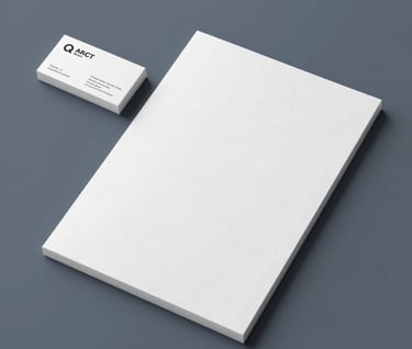 Stationery design including business cards and letterheads arranged on a grey-blue (#4A5763) surface. Minimalist and strategic composition with sharp focus.