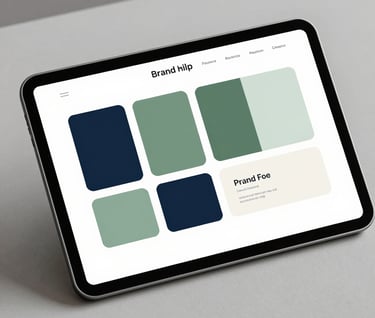 A minimalist brand identity presentation displayed on a modern tablet computer lying flat on a desk. The aesthetic is highly professional and minimalist, appealing to sophisticated clients. The screen shows a brand palette utilizing dark navy, sage green, and off-white.