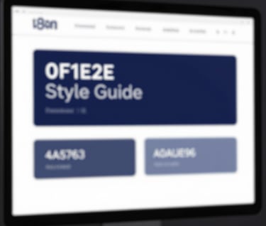 A digital screen showing a brand style guide. The interface is clean and strategic, displaying a color palette of #0F1E2E, #4A5763, and #A0A696. The mood is sophisticated and educational, highlighting meticulous attention to detail.