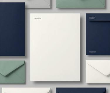 A curated, flat-lay arrangement of elegant brand collateral including letterheads, envelopes, and a sleek folder. It conveys refined creativity and meticulous attention to detail. The items are styled strictly in dark navy, slate grey, sage green, and off-white hues.