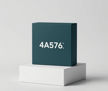 Premium packaging mockup for the brand identity. Clean design with #4A5763 accents on #F8F8F4 boxes. Minimalist and professional studio shot.