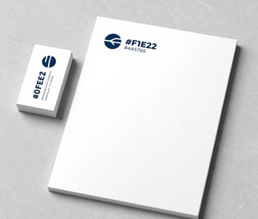 A sophisticated stationery mockup featuring a business card and a letterhead. The design is stark and minimalist, using #0F1E2E for the logo and #4A5763 for accent text against #F8F8F4 paper. The mockup is presented on a clean stone surface with sharp, professional lighting.