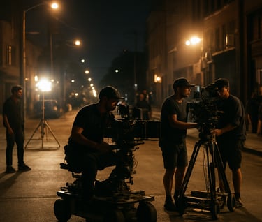 A behind-the-scenes wide shot of a professional film crew operating large camera rigs on a North American urban street at night, dramatic lighting illuminating the cinematic set.