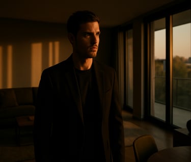 A cinematic medium shot of a character in a sleek, modern North American interior, dramatic evening light filtering through windows creating long shadows, professional color grading with gold accents.