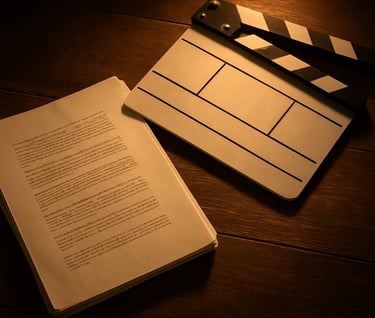 A top-down shot of a script and a film slate on a dark wooden table, illuminated by a warm, golden spotlight. Cinematic storytelling style, North American / International.