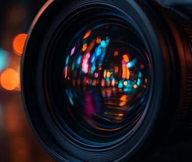 Extreme close-up of a professional cinema lens reflecting the vibrant neon lights of a North American city street at night, sharp focus on the glass elements.