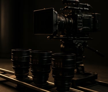 A detailed shot of high-end cinema lenses and a professional camera rig on a dolly track. The setting is a dimly lit studio with a sophisticated, professional atmosphere, featuring black and brushed gold tones.