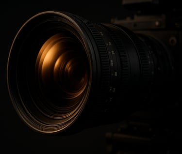 A professional close-up photograph of a high-end cinema camera lens reflecting soft gold studio lighting, capturing intricate technical details in a charcoal and black environment, sophisticated atmosphere.