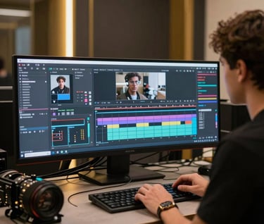 A behind-the-scenes look at an AI-powered editing suite with multiple glowing screens and high-end hardware. The atmosphere is elegant and professional with gold and dark charcoal accents. Global / Western.