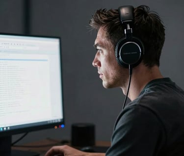 A side profile of a focused film director wearing professional headphones, looking at a brightly lit monitor in a moody, dark grey studio environment. Global / Western.