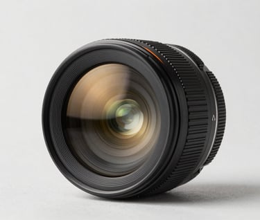 A minimalist, close-up shot of a high-end camera lens capturing reflections of gold and off-white studio lights. The aesthetic is clean, professional, and expensive. Global / Western.