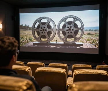An over-the-shoulder shot of a person viewing a cinematic reel on a large screen in a dark, luxury screening room. Warm golden lighting accents the furniture. Global / Western.