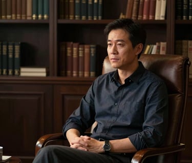 A cinematic documentary-style shot of an interview setup in a refined Global / Western office. A person is sitting in a leather chair, illuminated by soft golden key light against a dark, sophisticated backdrop of books and deep shadows.