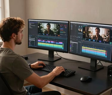 A professional video editor working at a sleek black desk with multiple monitors showing cinematic color grading in progress. Soft golden light illuminates the modern workplace. Global / Western.